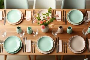 top view photos of table set in dining room AI Generated