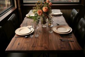 top view photos of table set in dining room AI Generated