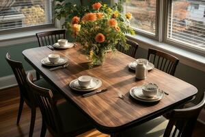 top view photos of table set in dining room AI Generated