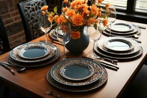 top view photos of table set in dining room AI Generated