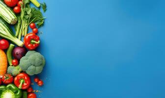 Top view vegetables on deep blue background. AI Generative photo