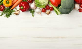 Top view vegetables on light wood background. AI Generative photo