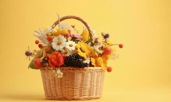 Fresh flowers and berries in a wicker basket. AI Generative photo