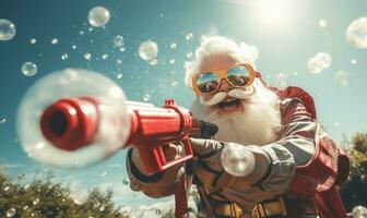 Papa Noel claus en un juguetón estado animico crear jabón burbujas ai generativo foto