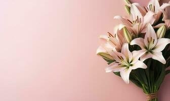 Delicate white lilies on a soft pink background. AI Generative photo