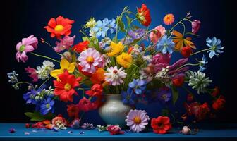 Still life of flowers. Vibrant bouquet of wildflowers in a vase on a table. AI Generative photo