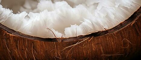 Close-up view of a halved coconut. AI Generative photo