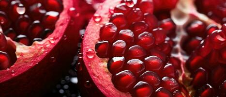 Crimson pomegranate seeds captured in macro. AI Generative photo