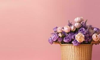 Vibrant pink and purple flowers in a brown wicker basket. AI Generative photo