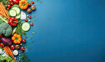 Top view vegetables on deep blue background. AI Generative photo