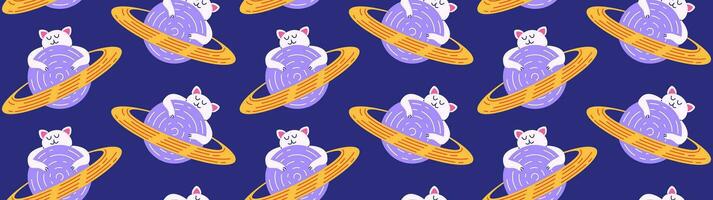 Colorful pattern with cute cats in space. Vector seamless background with cat character on the planet in flat cartoon style.