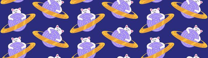 Colorful pattern with cute cats in space. Vector seamless background with cat character on the planet in flat cartoon style.