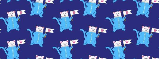 Colorful pattern with cute cats in space. Vector seamless background with a cat character in an astronaut suit in a flat cartoon style.