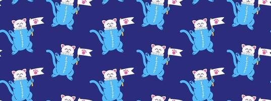 Colorful pattern with cute cats in space. Vector seamless background with a cat character in an astronaut suit in a flat cartoon style.