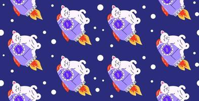 Colorful pattern with cute cats in space. Vector seamless background with a cat character hugging a rocket in a flat cartoon style.