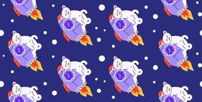 Colorful pattern with cute cats in space. Vector seamless background with a cat character hugging a rocket in a flat cartoon style.