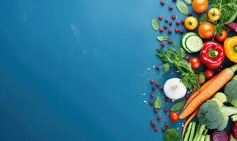 Top view vegetables on deep blue background. AI Generative photo