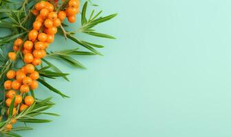 Sea buckthorn branch with orange berries, creating a refreshing atmosphere. AI Generative photo