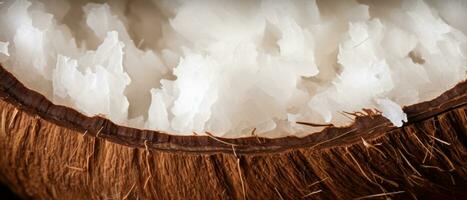 Close-up view of a halved coconut. AI Generative photo