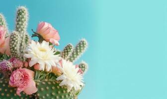 Vibrant bouquet of various flowers and succulents against a serene blue backdrop. AI Generative photo