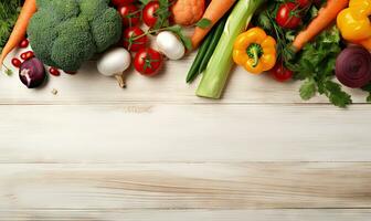 Top view vegetables on light wood background. AI Generative photo