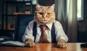 apuesto felino en un elegante traje se sienta trabajando a un oficina escritorio. ai generativo foto