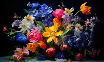 Still life of flowers. Vibrant bouquet of wildflowers in a vase on a table. AI Generative photo