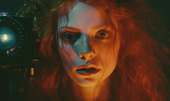Fiery-haired woman, immersed in creativity. AI Generative photo
