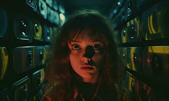 niña con vibrante rojo pelo soportes en un oscuro habitación. ai generativo foto