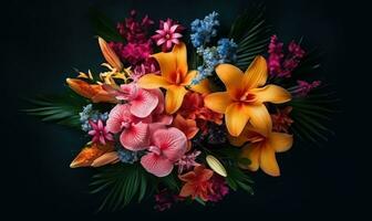Warm floral arrangement of lilies and orchids with green leave. AI Generative photo