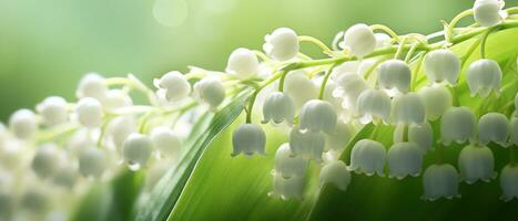 Soft focus macro view of a Lily-of-the-valley bloom. AI Generative photo