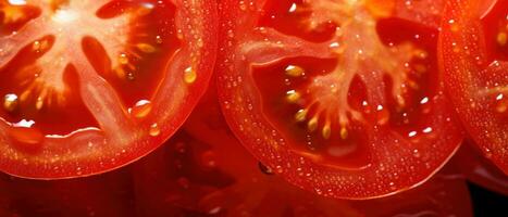 A striking macro capture of a sliced tomato's. AI Generative photo