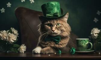 Elegant cat in a green hat and tie celebrating St. Patrick's Day. AI Generative photo