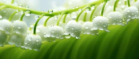 Soft focus macro view of a Lily-of-the-valley bloom. AI Generative photo