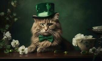 Elegant cat in a green hat and tie celebrating St. Patrick's Day. AI Generative photo