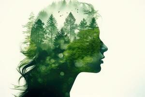 Double exposure portrait with woman and green forest. Generative AI photo