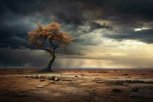 Lonely tree in desert landscape with stormy sky. Generative AI photo