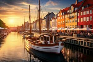 nyhavn es un canal en Copenhague, Dinamarca, nyhavn a dorado hora, Copenhague, Dinamarca, ai generado foto