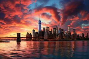 Manhattan horizonte a atardecer, nuevo York ciudad, unido estados, nuevo York ciudad puesta de sol panorama, ai generado foto