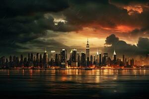 New York City Manhattan midtown skyline over Hudson River at sunset, New York City skyline, AI Generated photo