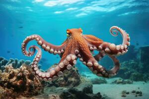 pulpo en el coral arrecife de el rojo mar. Egipto, pulpo nadando en el arenoso fondo de un tropical coral arrecife, ai generado foto