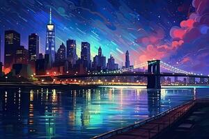 New York City skyline at night with skyscrapers. Vector illustration, Nocturnal urban landscape with river and skyscrapers. A depiction of city scenery in a post-impressionist art style, AI Generated photo