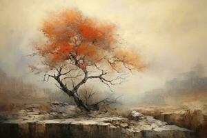 Autumn landscape with a tree in the fog. Digital painting, Oil paint with a high textured texture, AI Generated photo