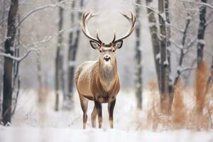 hermosa rojo ciervo con grande cornamenta en pie en el Nevado bosque, noble ciervo masculino en invierno nieve bosque. artístico invierno Navidad paisaje., ai generado foto