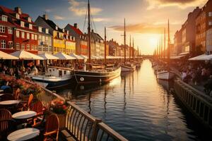 nyhavn es un canal en Copenhague, Dinamarca, nyhavn a dorado hora, Copenhague, Dinamarca, ai generado foto