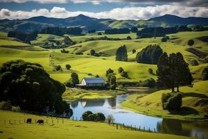 Beautiful rural landscape with lake and farm house in South Island, New Zealand, New Zealand, North Island, Waikato Region. Rural landscape near Matamata, AI Generated photo
