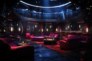 Interior of the night club. Night club with red armchairs, night club interior, AI Generated photo