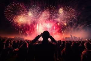 Crowd watching fireworks at new year eve or carnival in city, New Years Eve fireworks crowd rear view cheering, AI Generated photo