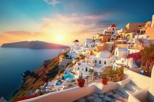 Oia village on Santorini island at sunset, Greece, Oia at sunset in Santorini, Greece, AI Generated photo