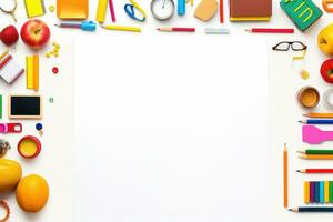 School supplies on white background with space for text. Top view, Office school supplies on white background, AI Generated photo